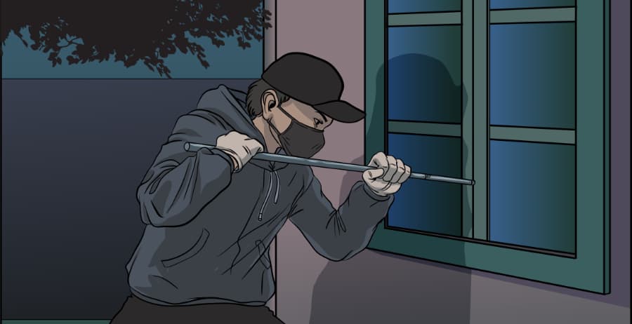 Illustration of burglar forcing entry through a window in Davenport