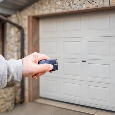 Davenport security key fob pointing to a garage door